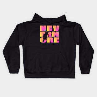 NEVERMORE in large psychedelic pink and yellow block letters + raven cut-out - famous Edgar Allan Poe quote Kids Hoodie